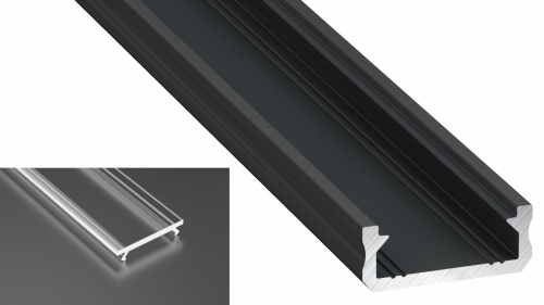 Profil LED Nawierzchniowy typu D czarny anodowany z kloszem transparentnym 2m