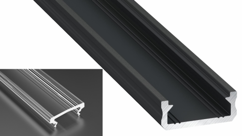 Profil LED Nawierzchniowy typu D czarny anodowany z kloszem HIGH transparentnym 2m