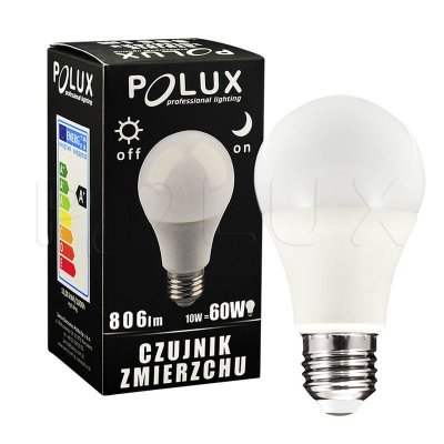 Żarówka LED Polux E27 duży gwint A60 10W 806lm biała ciepła mleczna z czujnikiem zmierzchu