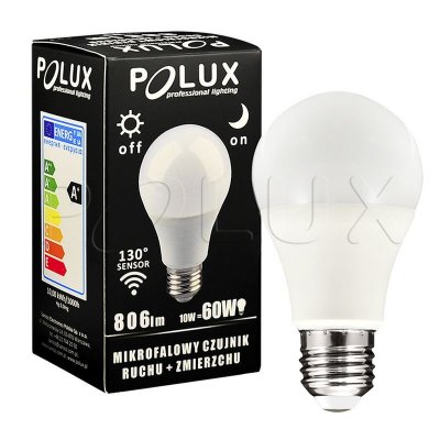 Żarówka LED Polux E27 duży gwint A60 10W 806lm biała ciepła mleczna z czujnikiem ruchu i zmierzchu